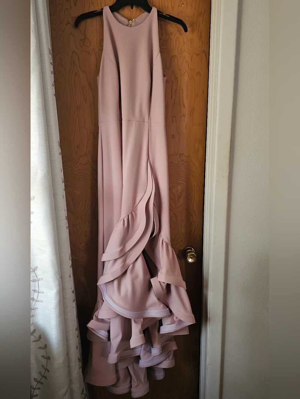 Betsy & Adam Blush Pink High-Low Ruffled Gown